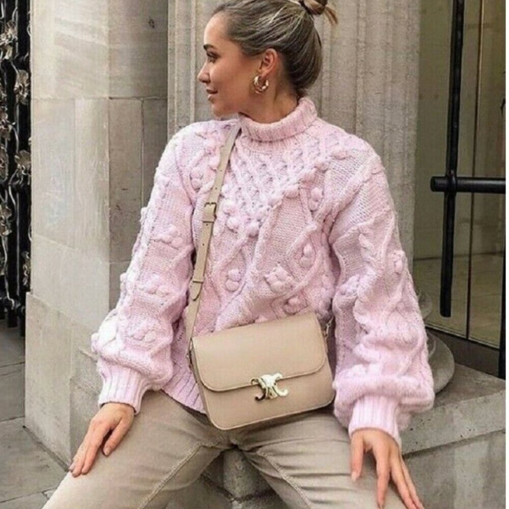 Zara Knit Pom Pom Turtleneck Sweater Light Pink Blogger Fav Size Large